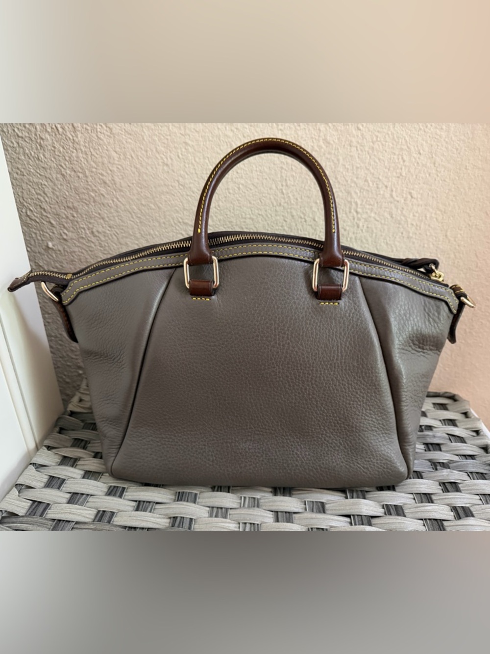 Dooney & Bourke Gray Pebbled Leather Satchel with Brown Trim - Picture 12 of 16